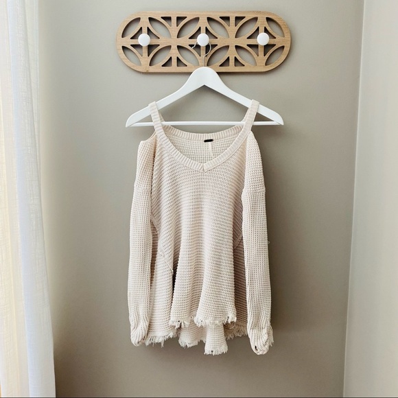 Free People Cold Shoulder Waffle Knit Sweater Cream Sz XS - Picture 1 of 10
